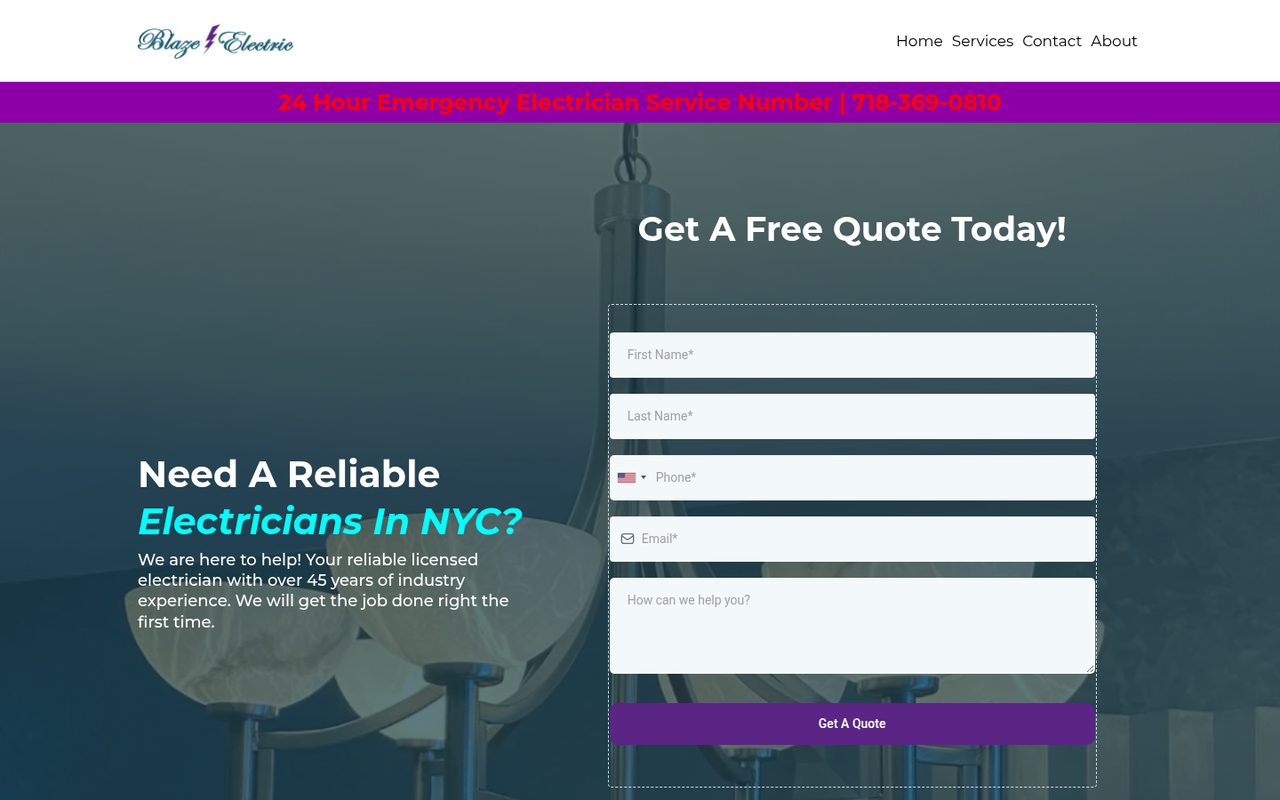 Before, the current site: a photo background, the headline 'Need A Reliable Electricians In NYC?', a long free-quote form, and the emergency number in red text on a purple banner.