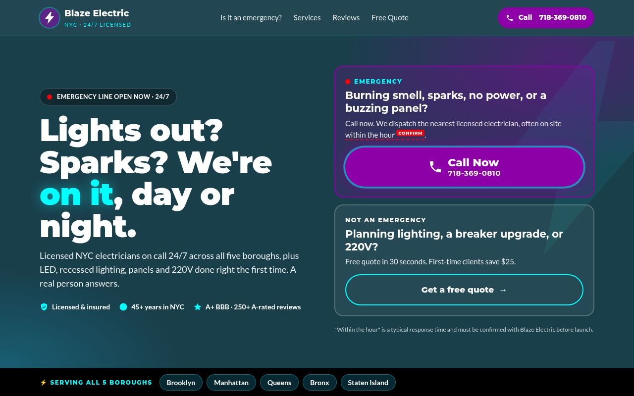 After, our concept: a dark homepage headed 'Lights out? Sparks? We're on it, day or night.' with a separate emergency panel and large Call Now button, a non-emergency free-quote panel, and a row of the five NYC boroughs.